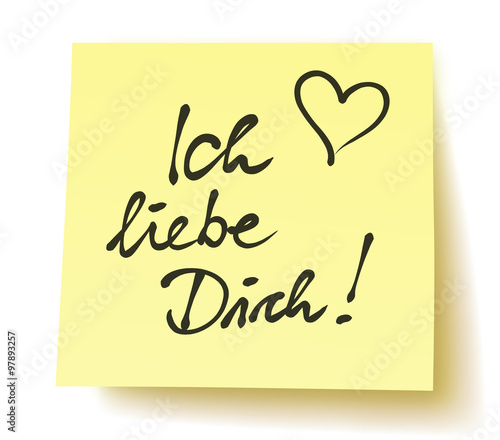 Gelber Postit-Zettel: „Ich liebe Dich“ mit handgezeichnetem Herz / handschriftlich / persönlich / schwarz / Vektor / freigestellt