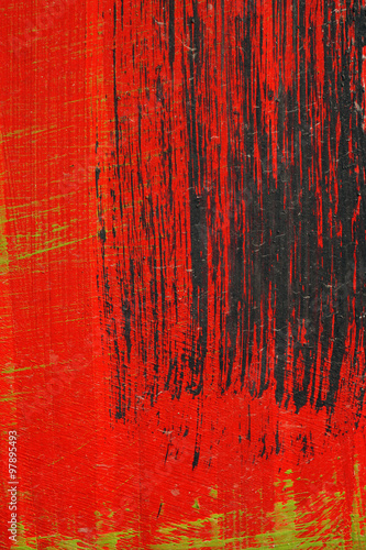 Brushstroke - black,  green and red acrylic paint  on  metal sur #97895493