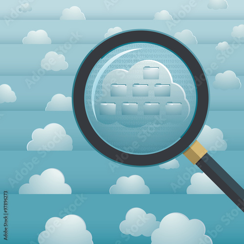 Foto sky computing concept, with stratified sky, clouds and a loupe showing folder sr