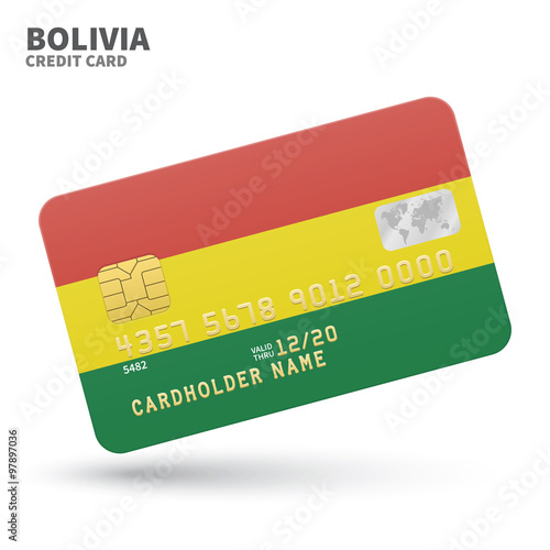 Credit card with Bolivia flag background for bank, presentations and business. Isolated on white