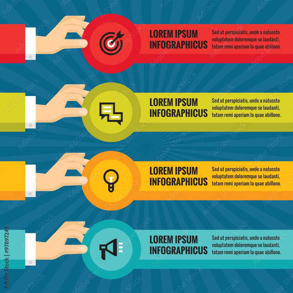 Fototapeta premium Human hands with information blocks - infographic business concept - vector concept illustration in flat style design for creative projects. Infographic design elements.