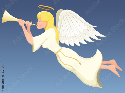 Vector illustration of a winged angel flying and playing a brass horn.