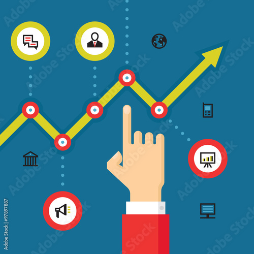 Business infographic growth - vector Illustration in flat style design for presentation, booklet, website and other creative prodject. Human hand and growth graphic illustration with icons.