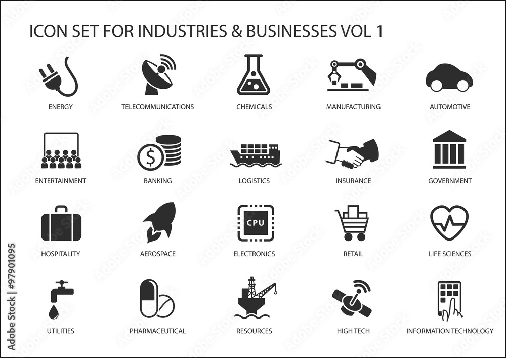Business icons and symbols of various industries / business sectors like financial services industry, automotive, life sciences, resources industry, entertainment industry and high tech