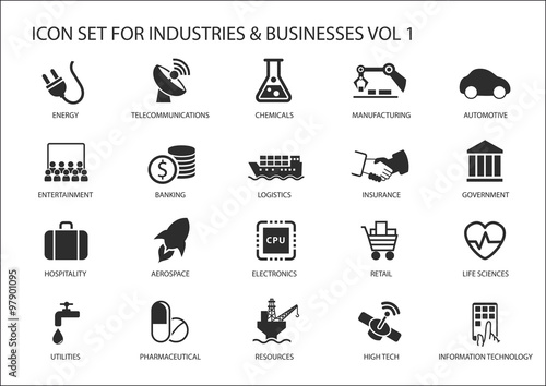 Business icons and symbols of various industries / business sectors like financial services industry, automotive, life sciences, resources industry, entertainment industry and high tech