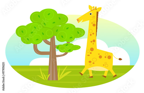 Giraffe and a Tree - Cute cartoon giraffe walks toward a tree. Eps10