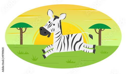 Running Zebra - Cute cartoon zebra is running in the wild. With stylized trees and a sun in the background. Eps10