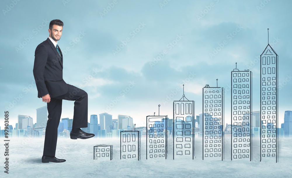 Business man climbing up on hand drawn buildings in city Business man climbing up on hand drawn buildings in city