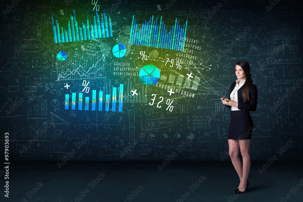 Businesswoman in office with tablet in hand and high tech graph Businesswoman in office with tablet in hand and high tech graph