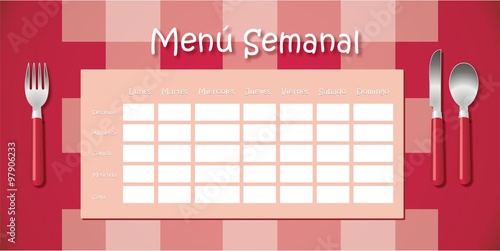 Plantilla de menú semanal en color rojo. Ilustración vectorial