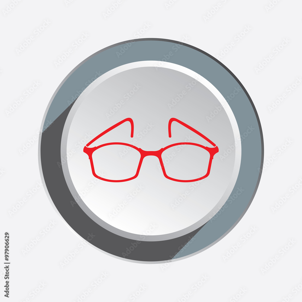 Eye glasses. Optical glass appliance for vision. Red silhouette on round three-dimensional button with shadow. Vector isolated Eye glasses. Optical glass appliance for vision. Red silhouette on round three-dimensional button with shadow. Vector isolated