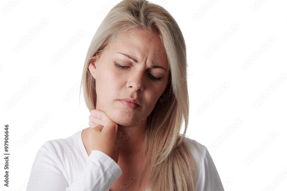 Woman checks fever with hand on neck isolated on a white backgro