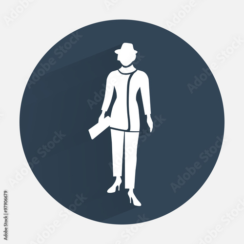 Businesswoman icon. Office worker symbol. Standing elegant women in trousers suit. Round dark gray circle flat icon with long shadow. Vector isolated