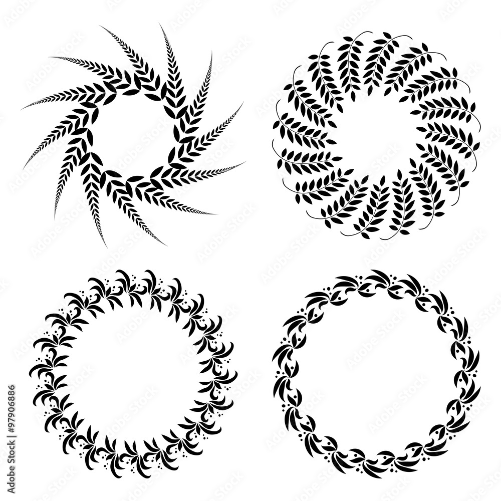 Laurel wreath tattoo set. Black ornaments, nine round signs of leaves. Victory, peace, glory symbol. Vector Laurel wreath tattoo set. Black ornaments, nine round signs of leaves. Victory, peace, glory symbol. Vector
