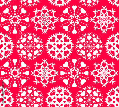 Christmas seamless pattern of heart view snowflakes. New Year, Valentine day, birthday texture. Unusual ornament. Red, white colored background. Vector
