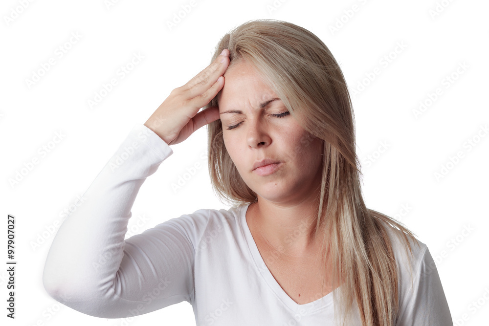 woman holding her head isolated on white background. headache, m woman holding her head isolated on white background. headache, m