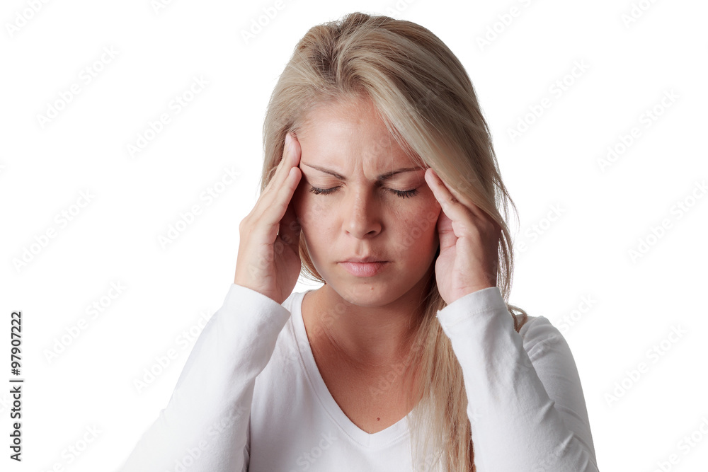 woman holding her head isolated on white background. headache, m woman holding her head isolated on white background. headache, m