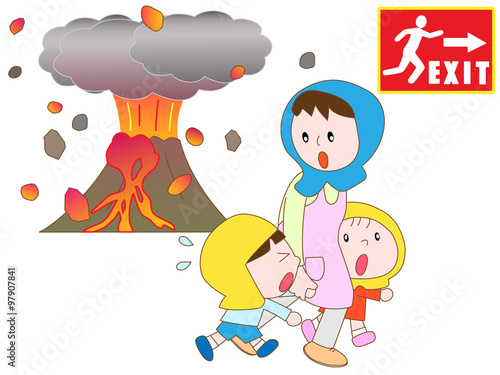 噴火で避難する親子