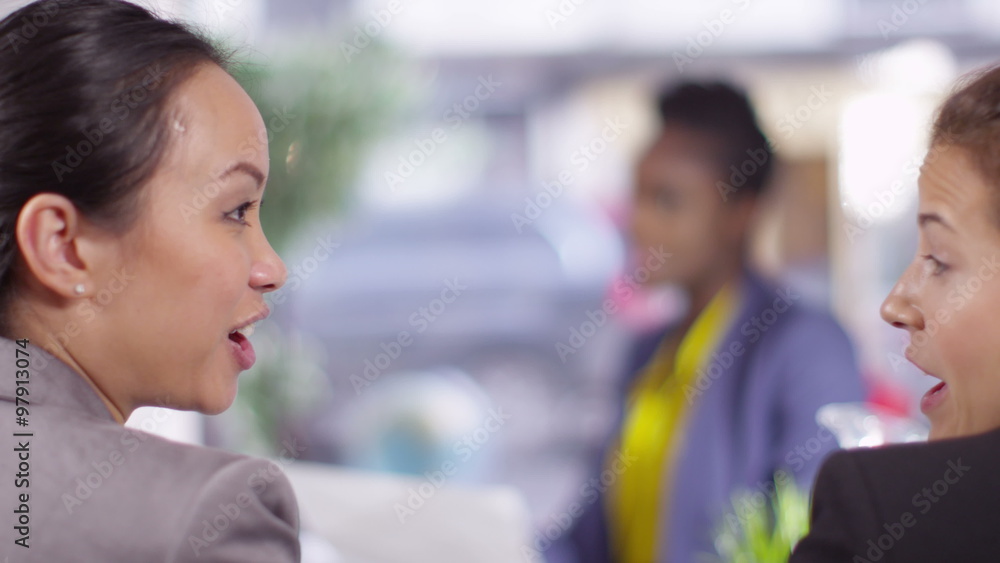 Group of confident cheerful businesswomen in negotiation meeting shake hands on a deal. Group of confident cheerful businesswomen in negotiation meeting shake hands on a deal.