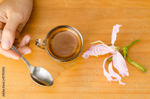 Cup of hot coffee  espresso  ready to drink on wooden background