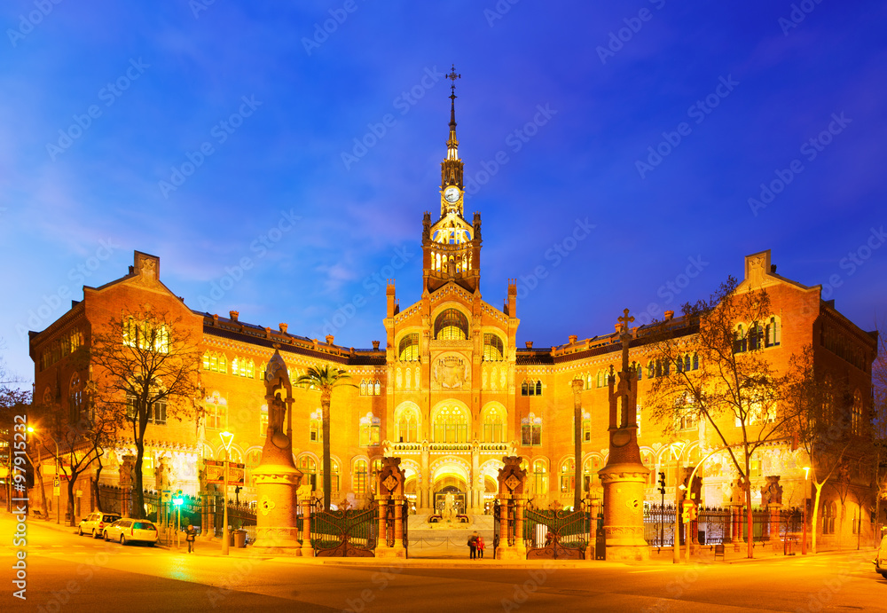 Main facade of Hospital de Sant Pau in night