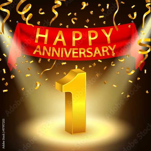 Happy 1st Anniversary celebration with golden confetti and spotlight