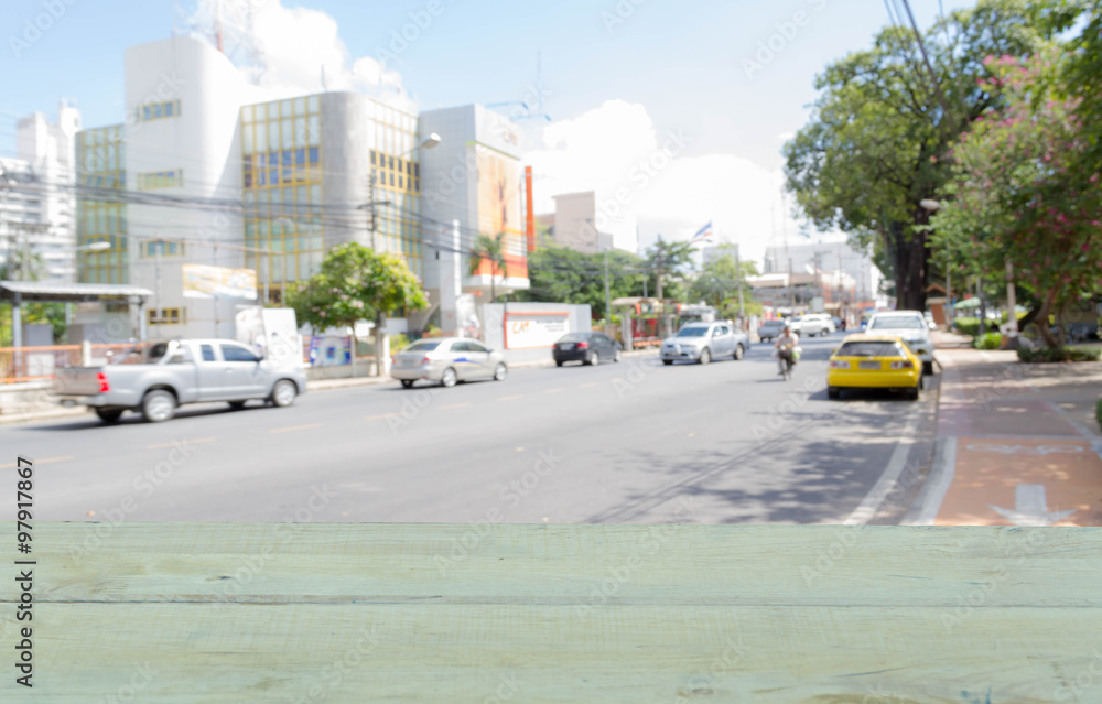 Naklejka premium Empty wood table and river raft in background - Product display