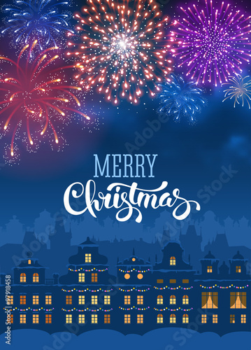 Festive firework bursting in various shapes and colors sparkling on blue sky background over the cityscape. Vector illustration.
