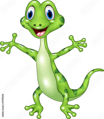 Cartoon funny green lizard posing isolated on white background