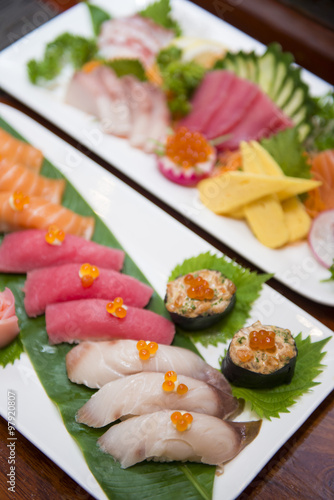 sushi sets japanese food in restaurant