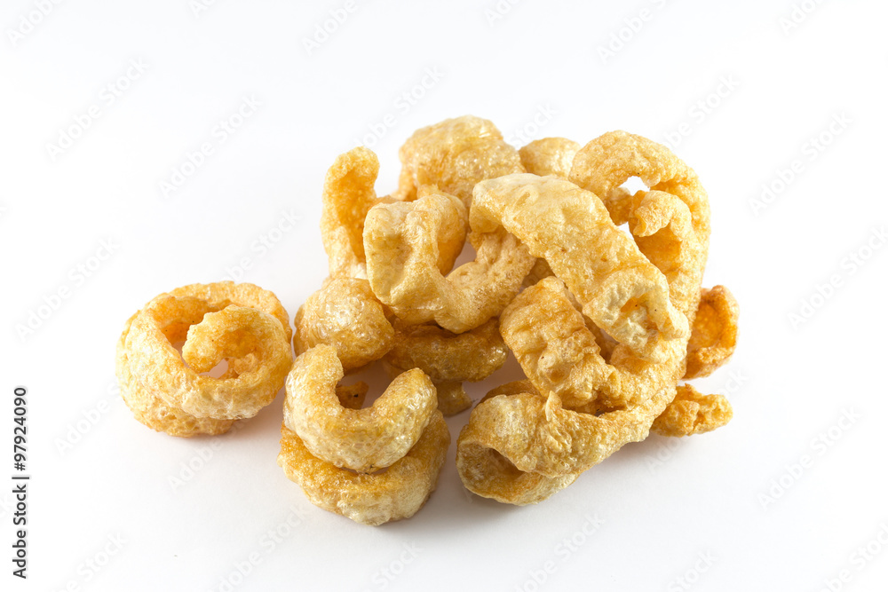 Pork snack, Pork rind, Pork scratching or pork crackling on wihte background Pork snack, Pork rind, Pork scratching or pork crackling on wihte background