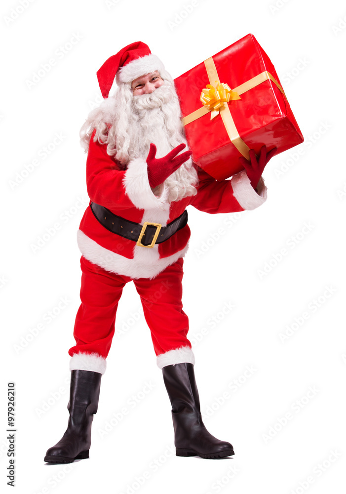 Santa Claus shows gift isolated on white background Santa Claus shows gift isolated on white background