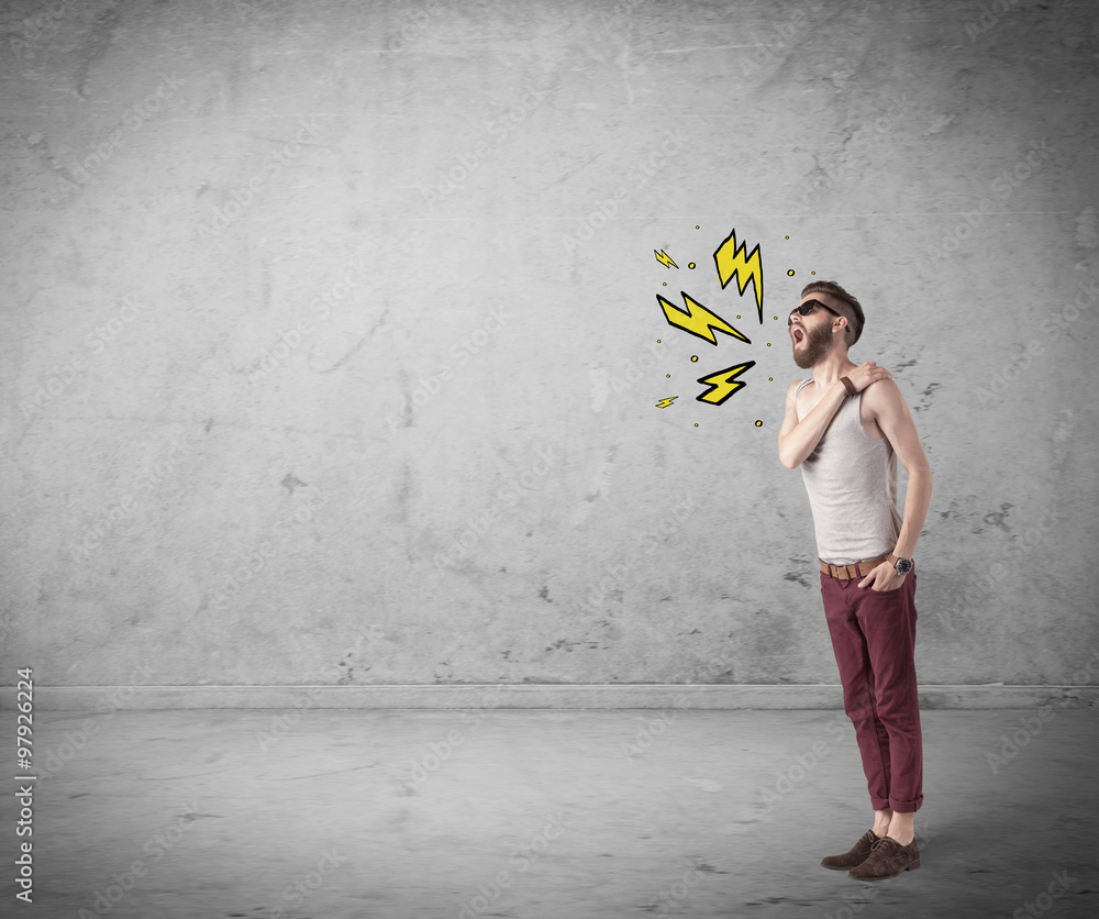 Funny hipster in fashion clothing shouting Funny hipster in fashion clothing shouting
