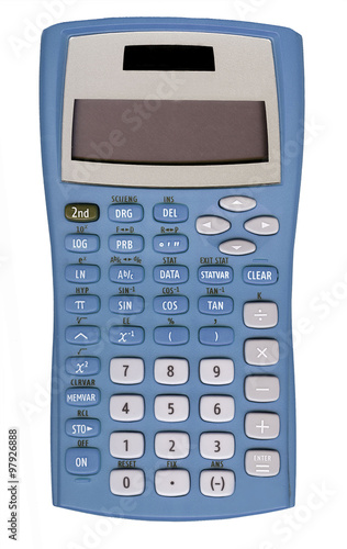 Old blue calculator isolated on white photo