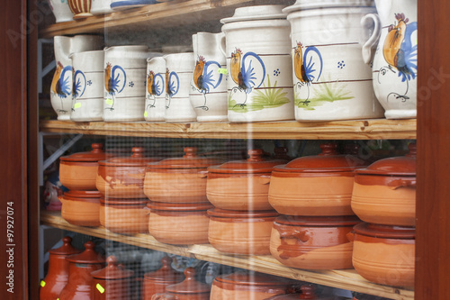 Sale of ceramic vases, plates, and glasses that are typical of gargano, Puglia, Italy.