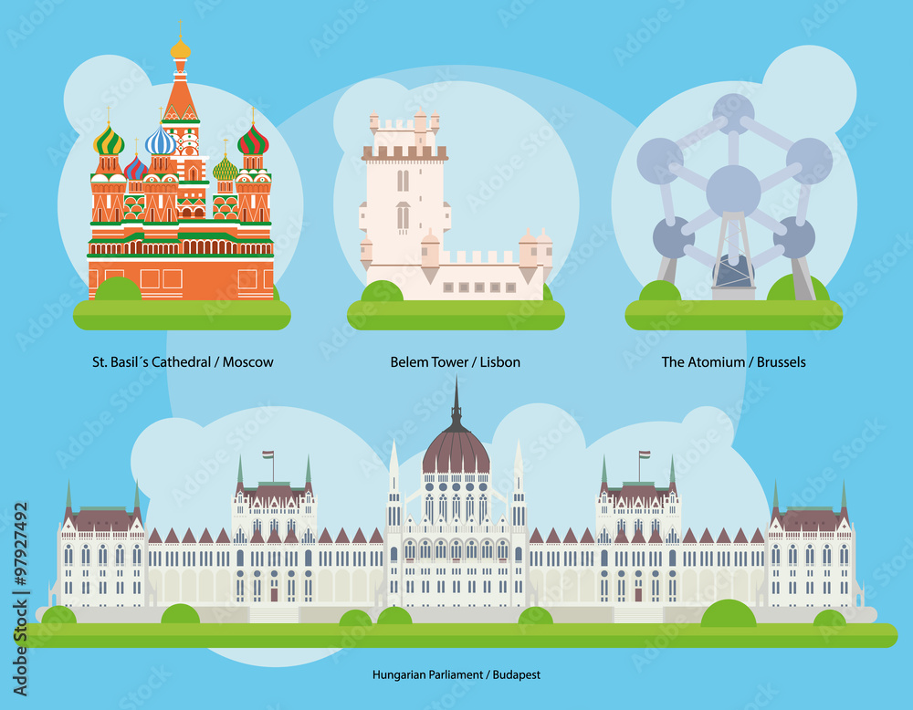 Ilustración de Vector Monumentos de Europa Vol. 2: Catedral de San Basilio (Moscu), Torre de Belem (Lisboa), El Atomium (Bruselas) y el Parlamento de Hungría (Budapest). Ilustración de Vector Monumentos de Europa Vol. 2: Catedral de San Basilio (Moscu), Torre de Belem (Lisboa), El Atomium (Bruselas) y el Parlamento de Hungría (Budapest).