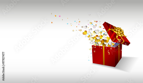 Open gift with fireworks from confetti and hearts. Congratulatio photo