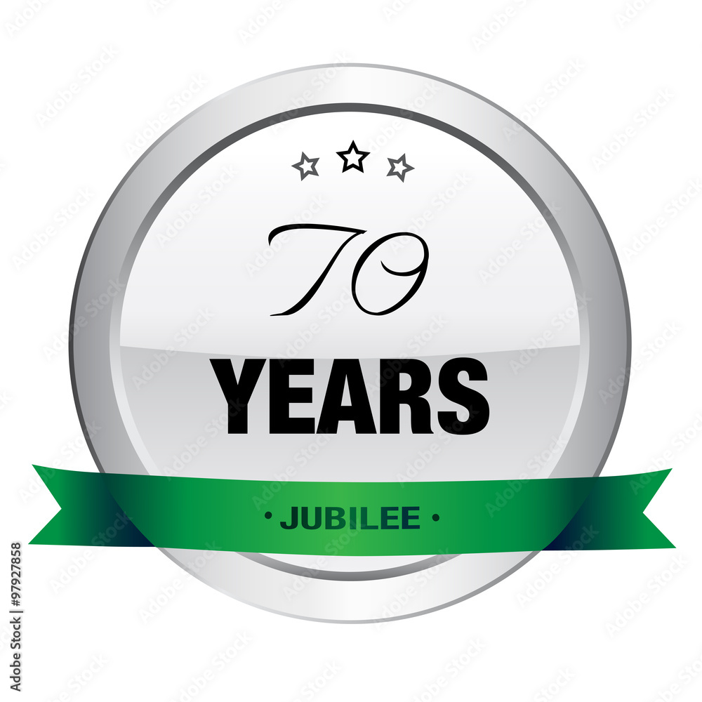 70 Years jubilee seal or icon. Silver seal or button with stars and green banner. 70 Years jubilee seal or icon. Silver seal or button with stars and green banner.
