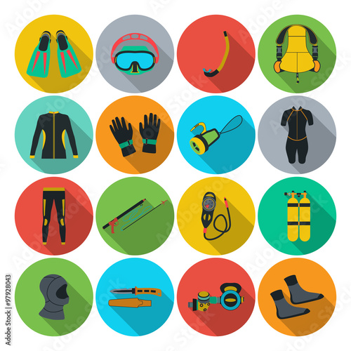 Scuba diving equipment. Sport underwater, water sea, glove and flashlight, Jacket, pants, suit, socks, regulators, octopus,  mask and snorkel. Flat long shadow design. Vector illustration