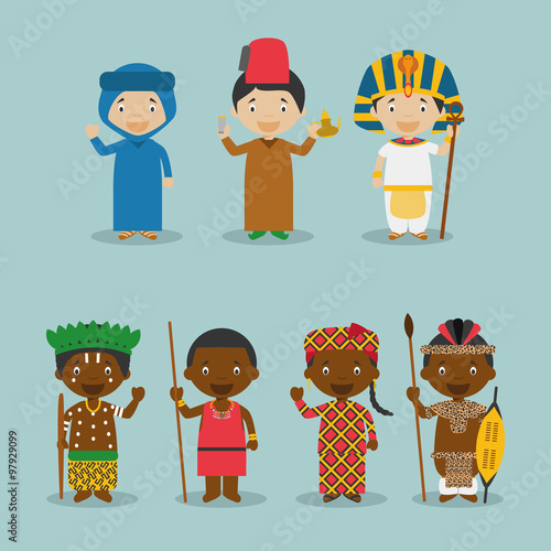 Ilustración de vector Niños y nacionalidades del mundo Set 2: África. Grupo de 7 personajes vestidos a la manera tradicional de sus respectivos países