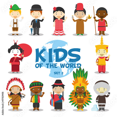 Niños del mundo: Nacionalidades Set 2. Grupo de 12 personajes vestidos a la manera tradicional de sus respectivos países. Ilustración de vector. photo