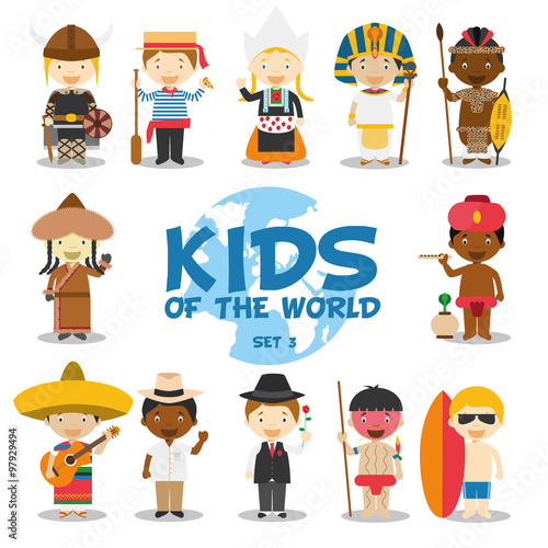 Niños del mundo: Nacionalidades Set 3. Grupo de 12 personajes vestidos a la manera tradicional de sus respectivos países. Ilustración de vector. photo