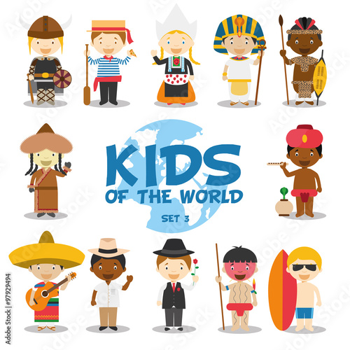 Niños del mundo: Nacionalidades Set 3. Grupo de 12 personajes vestidos a la manera tradicional de sus respectivos países. Ilustración de vector.