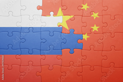 Photography puzzle with the national flag of russia and china