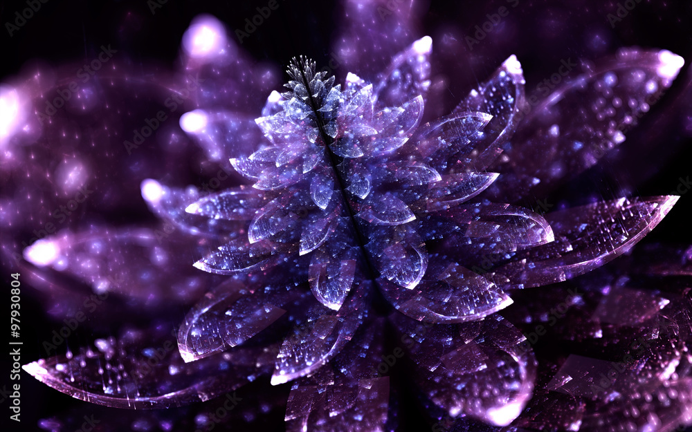 Abstract fractal, shining violet crystal flower on black background Stock  Illustration