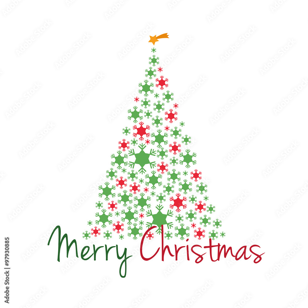 Árbol de Navidad con copos de nieve y texto Feliz Navidad en rojo y verde. Ilustración de vector Árbol de Navidad con copos de nieve y texto Feliz Navidad en rojo y verde. Ilustración de vector