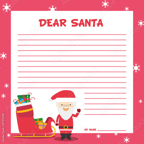Plantilla de Carta a Papá Noel en inglés para la Navidad, con personajes infantiles para niños. Ilustración de vector.