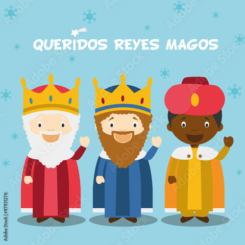 Ilustración de vector de los Tres Reyes Magos de Oriente para las Navidades. Texto en español, con personajes infantiles para niños.