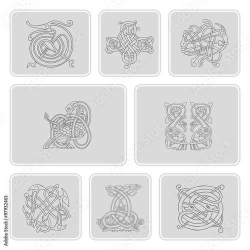 set of monochrome icons with celtic art and ethnic ornaments for your design