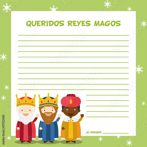 Platilla para carta a los Reyes Magos de Oriente en Navidad, con personajes infantiles para niños y Melchor, Gaspar y Baltasar. Ilustración de vector. Texto en español.